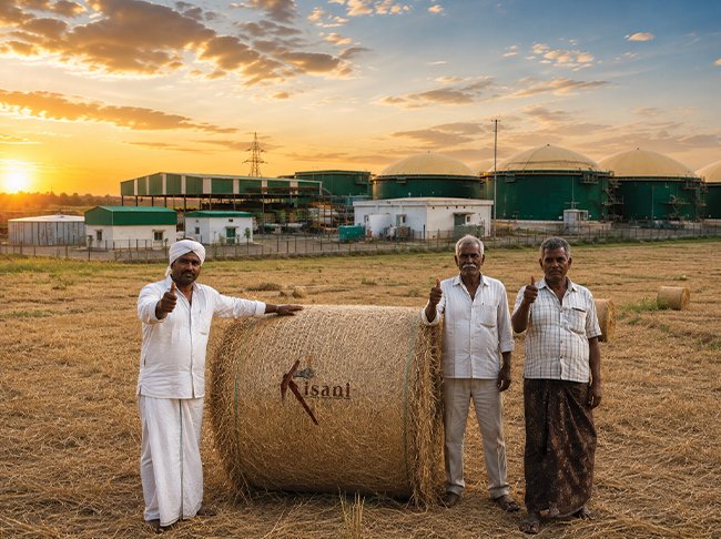 Kisani field team with a collected biomass bale in a harvested wheat field