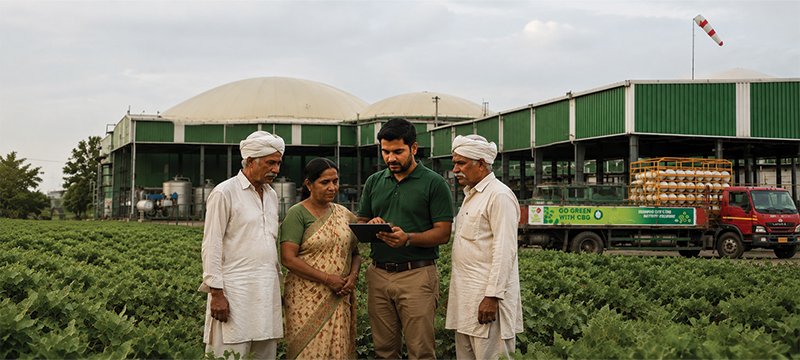 Kisani advisor showing a tablet to farmers in the field